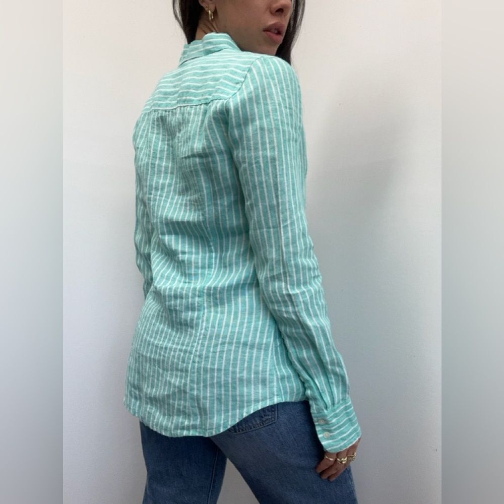 Baird McNutt J. Crew Green Striped Irish Linen Shirt Perfect Fit Size 4T - Picture 2 of 8